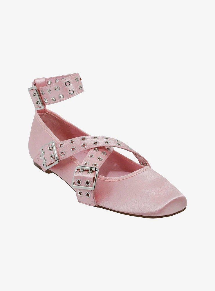 Azalea Wang Pink Satin Grommet Buckle Ballet Flats