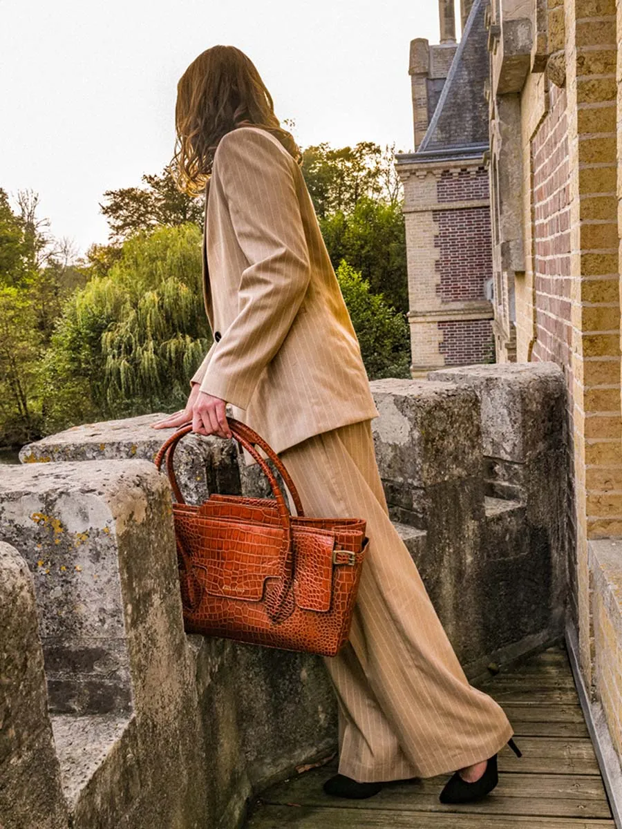 Brown Leather Shoulder Bag for Woman - Madeleine Alligator Amber | PAUL MARIUS