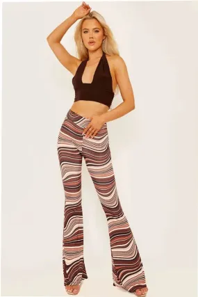 Brown Marble Print Scrunch Back Flared Slinky Trousers