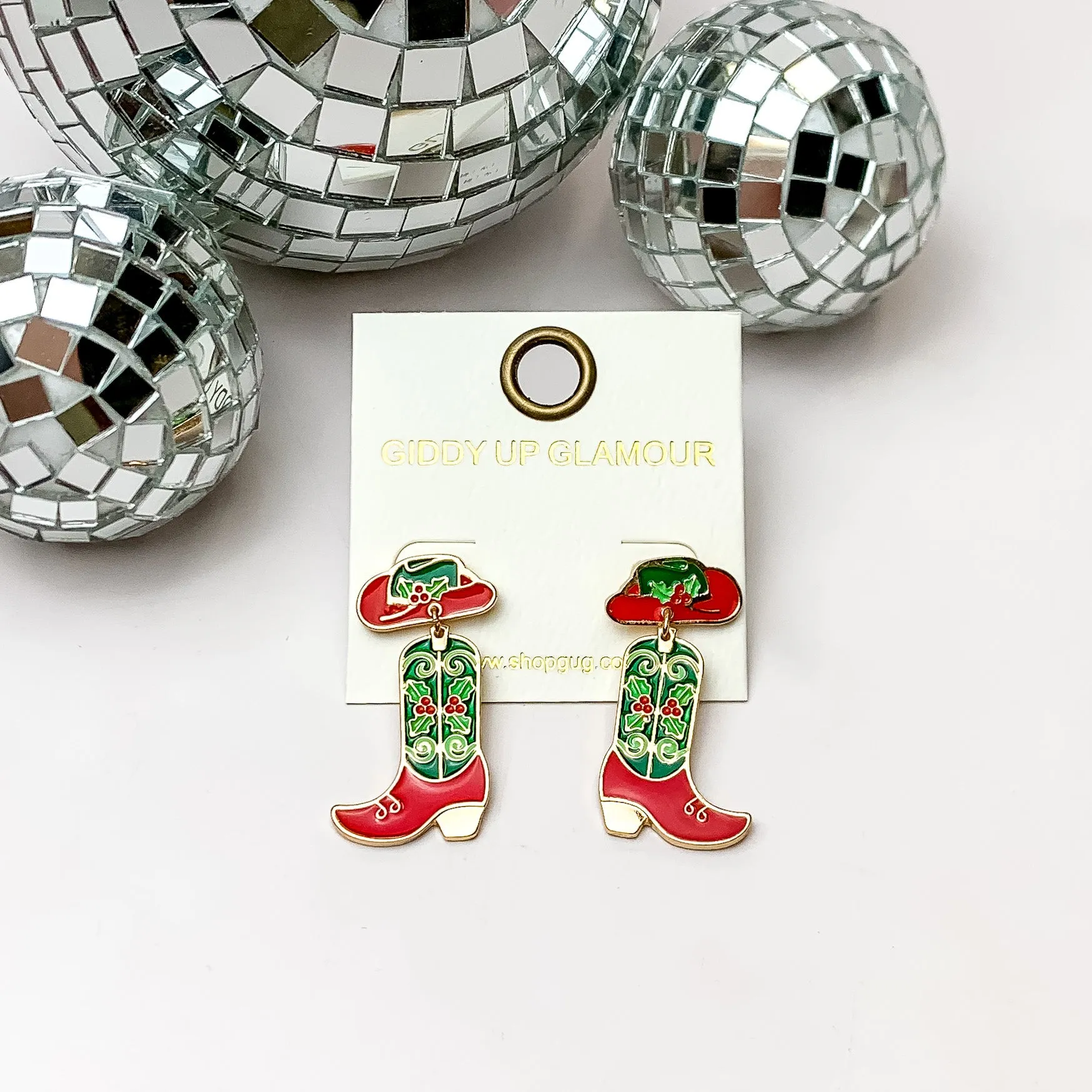 Christmas Cowboy Hat and Boot Drop Earrings in Green and Red