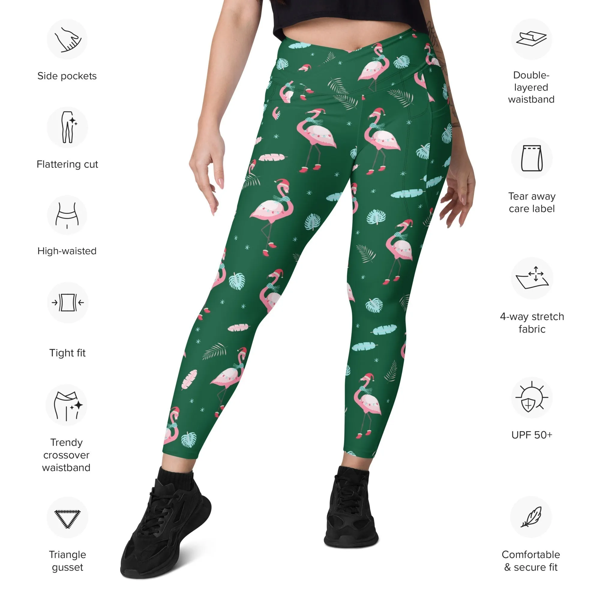 Christmassy Flamingos Crossover Leggings With Pockets