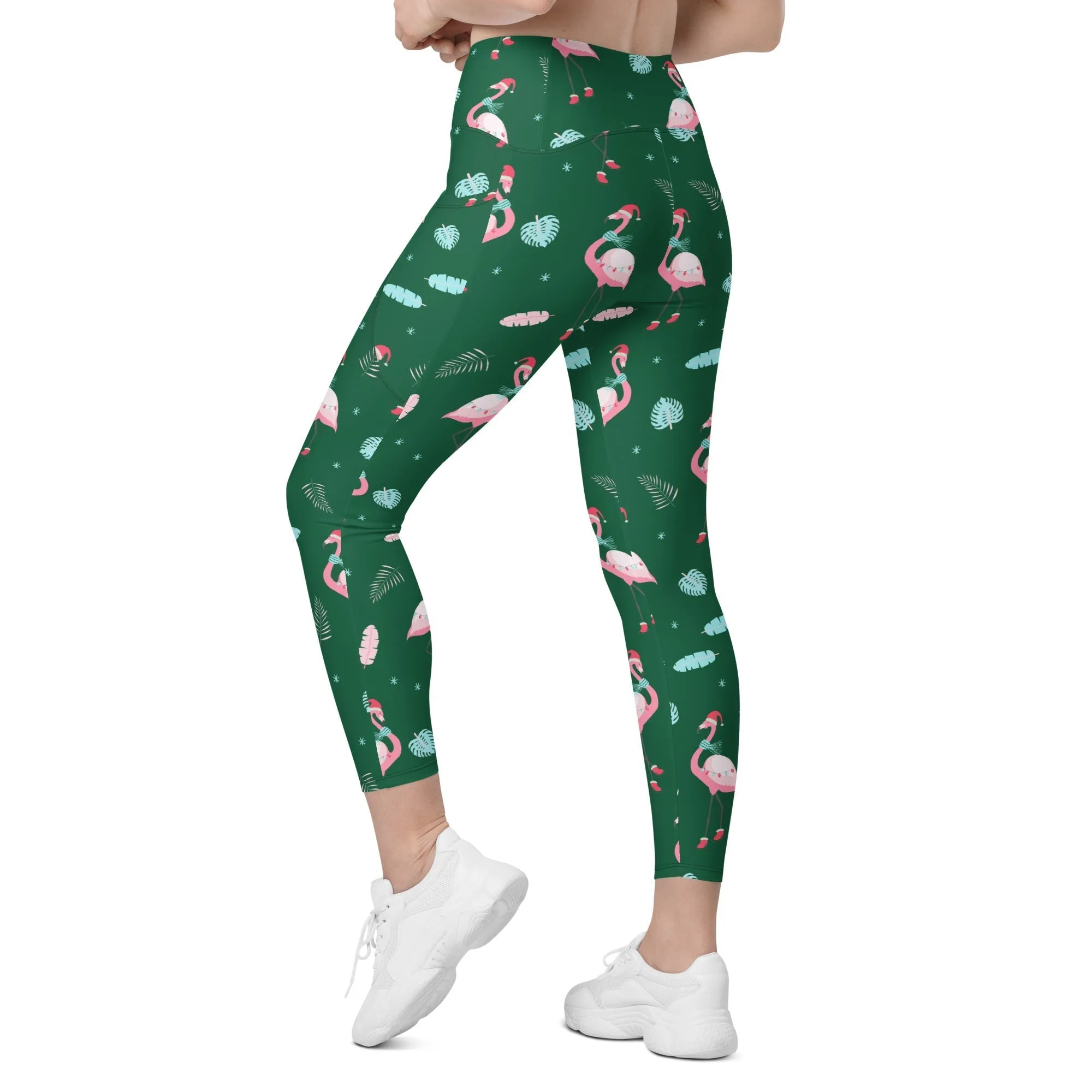 Christmassy Flamingos Crossover Leggings With Pockets