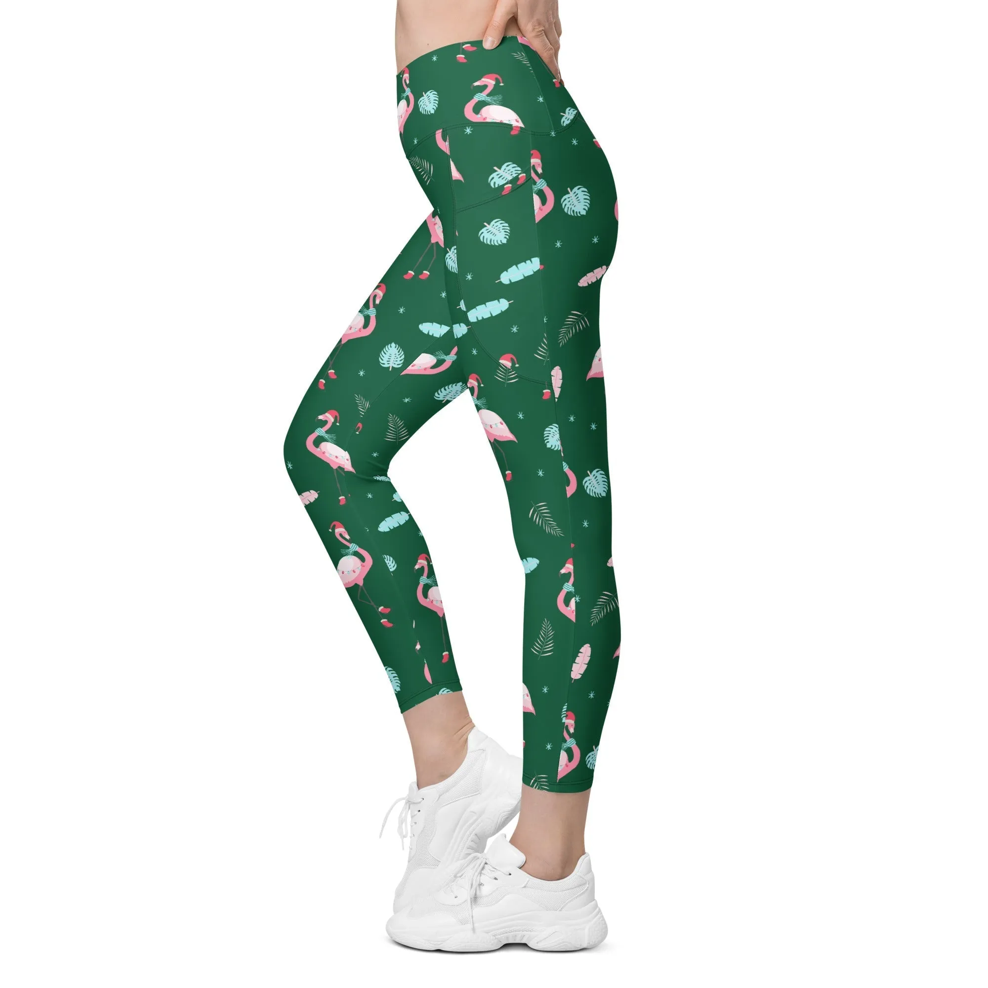 Christmassy Flamingos Crossover Leggings With Pockets