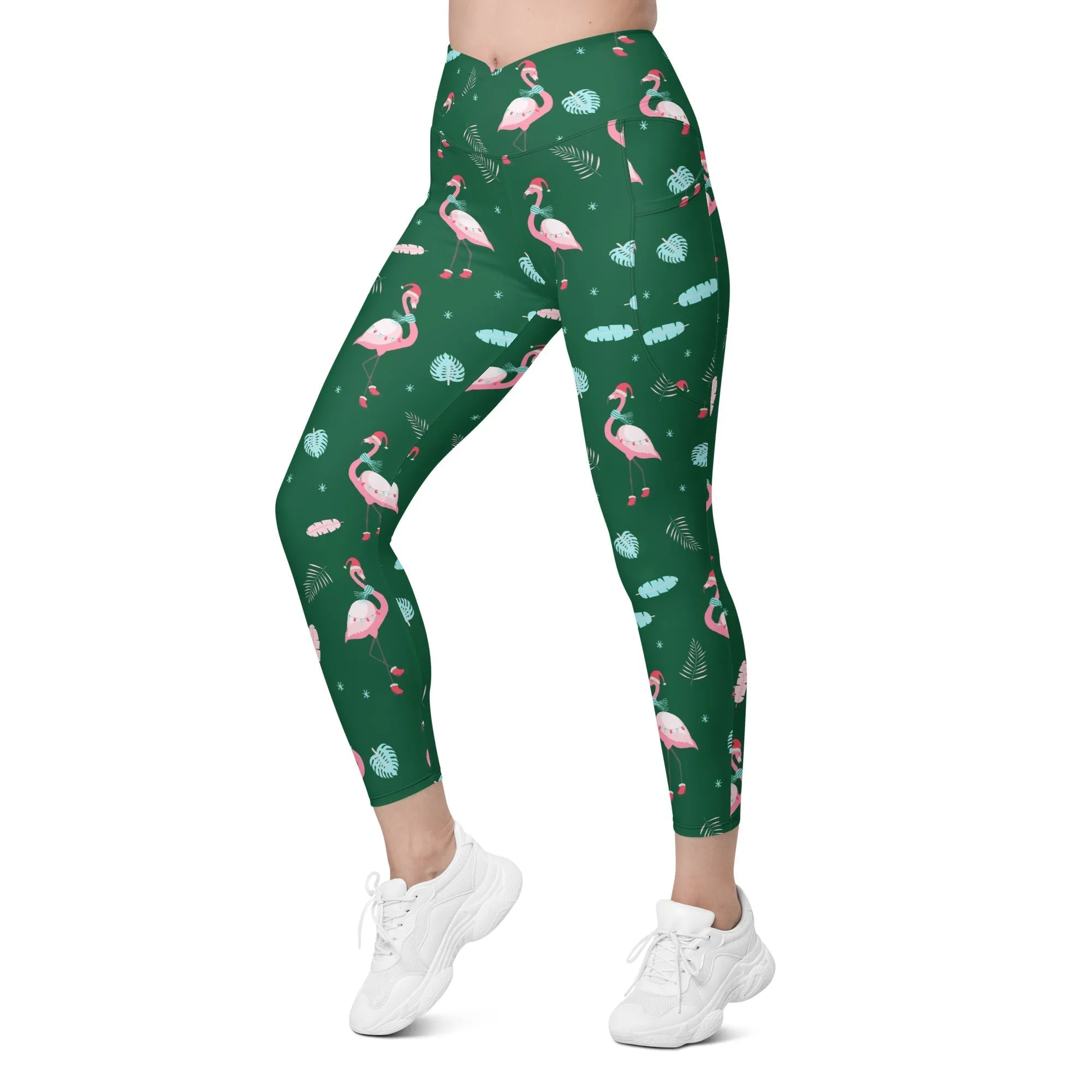 Christmassy Flamingos Crossover Leggings With Pockets