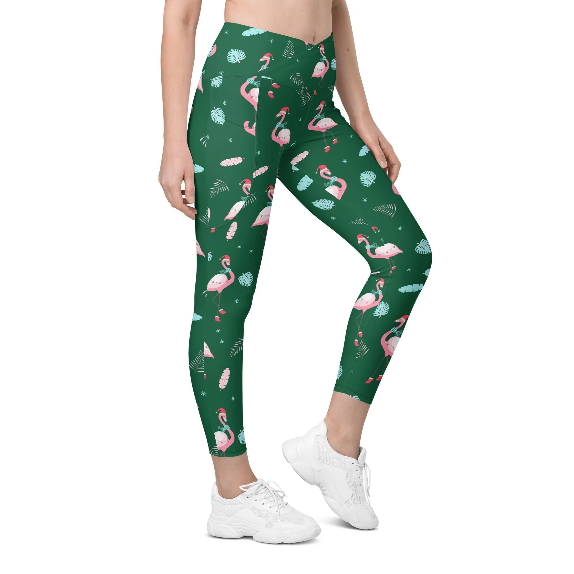 Christmassy Flamingos Crossover Leggings With Pockets