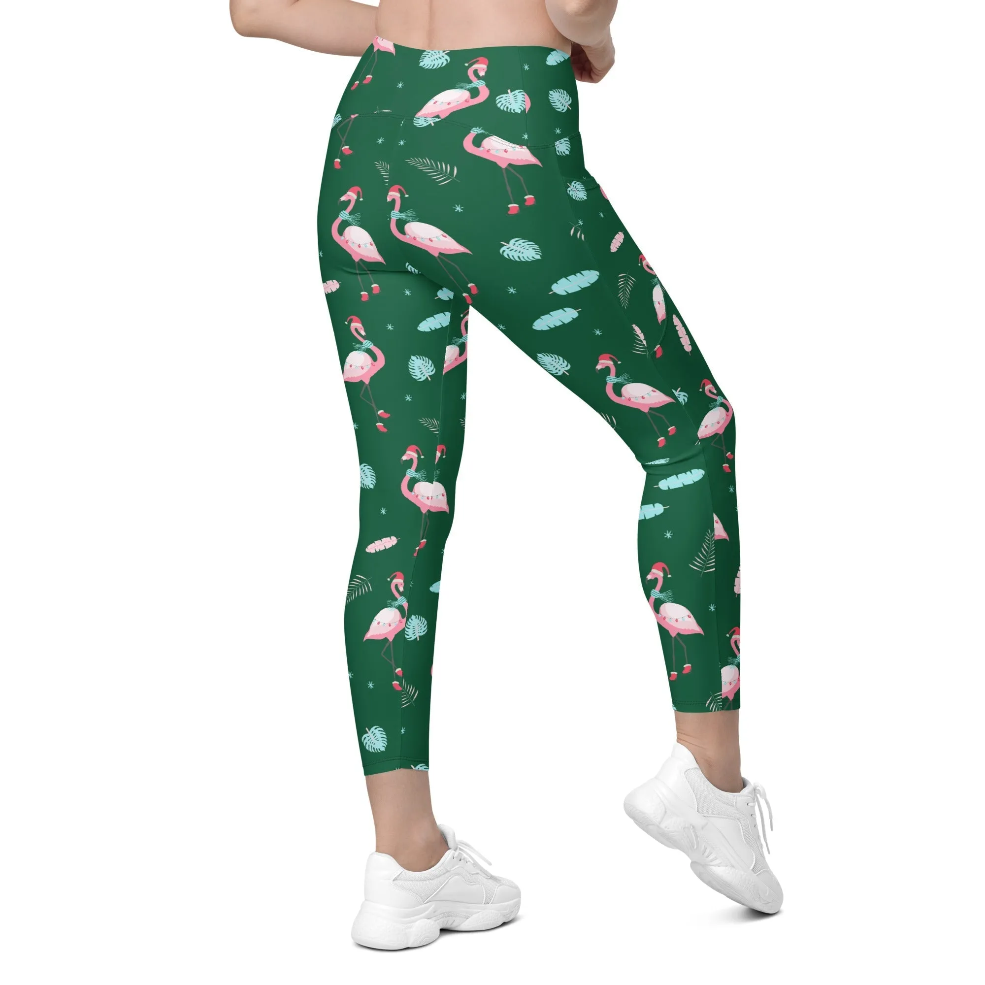 Christmassy Flamingos Crossover Leggings With Pockets