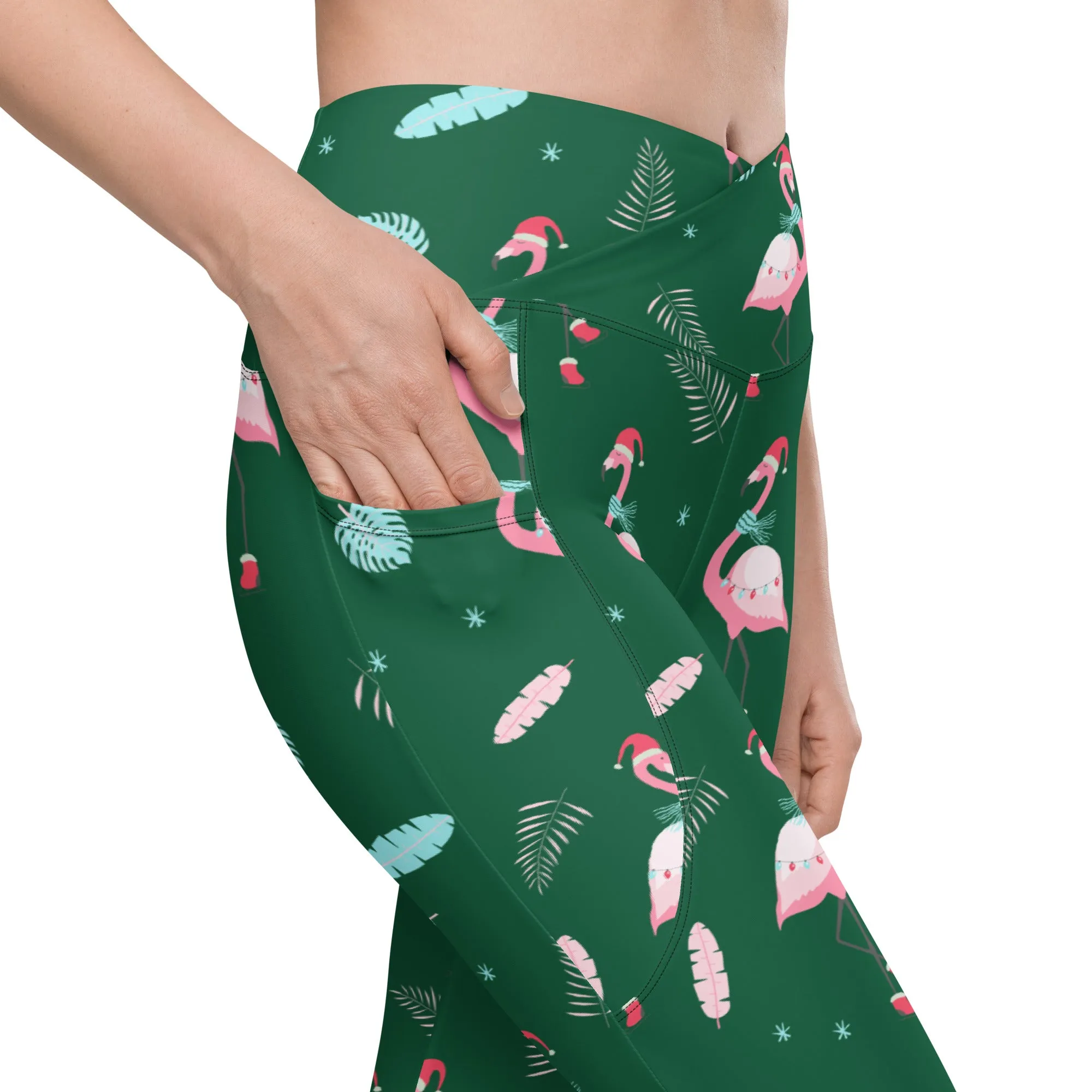 Christmassy Flamingos Crossover Leggings With Pockets