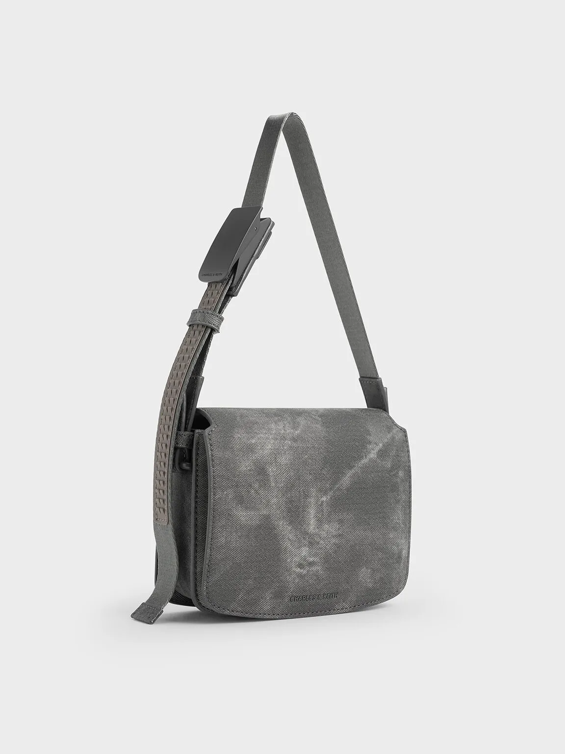 Denim Boxy Front Flap Shoulder Bag - Dark Grey