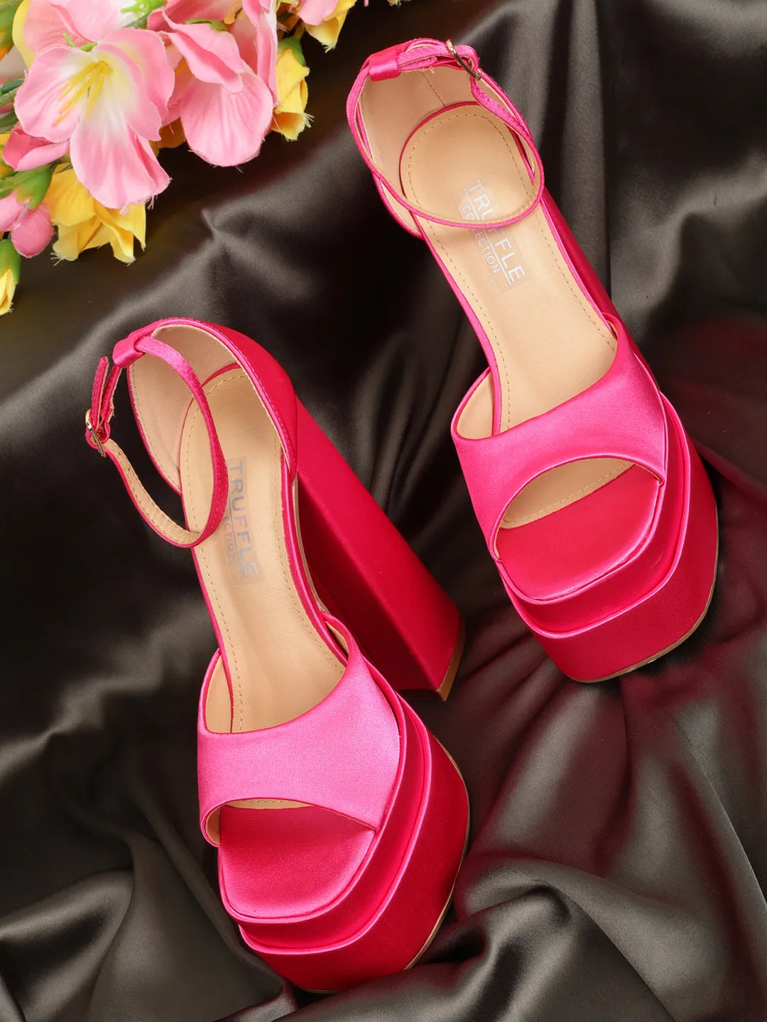 Hot Pink Satin Strappy Block Sandals (TC-GOWN2-PNK)