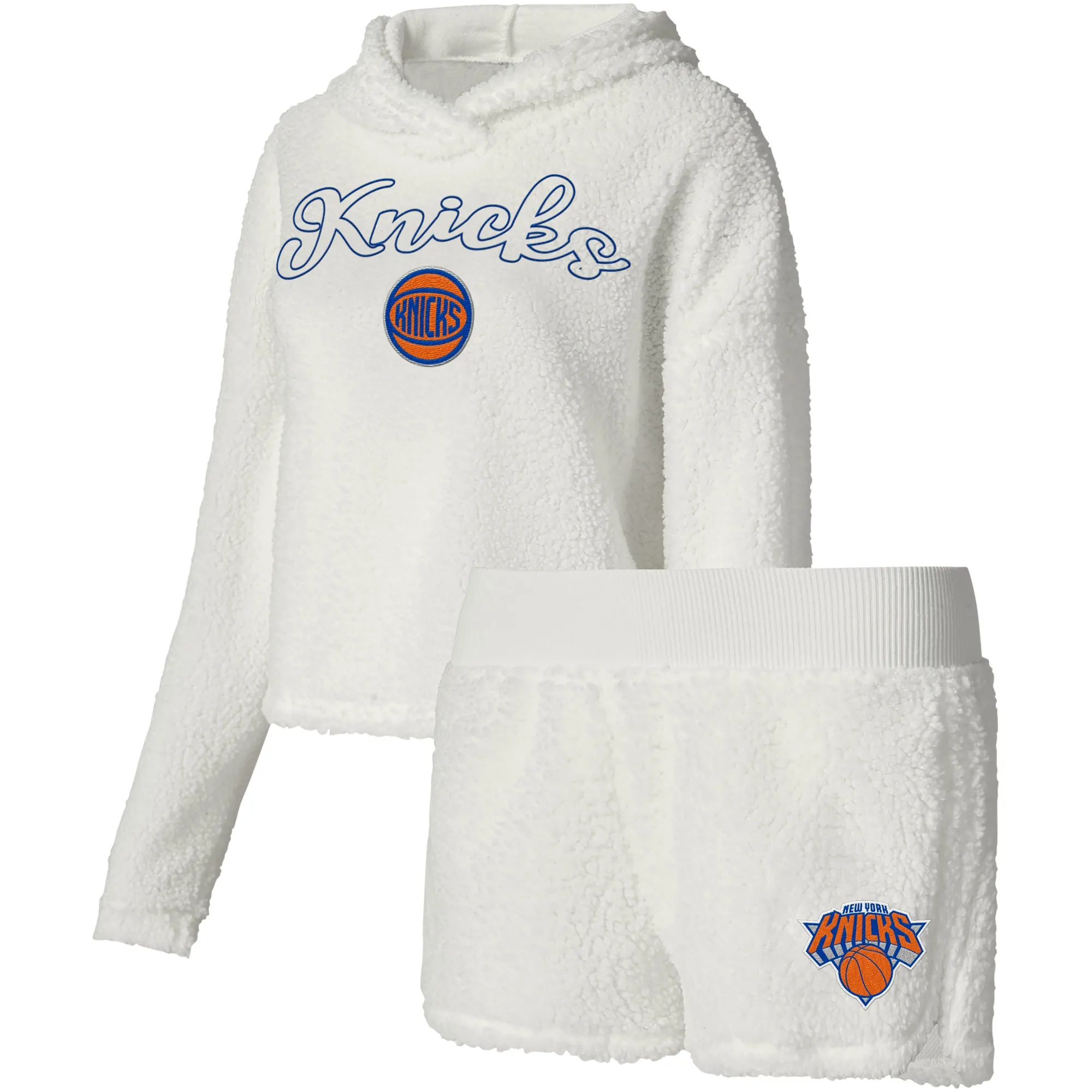 Lids Women's College Concepts Cream New York Knicks Fluffy Long Sleeve Hoodie T-Shirt & Shorts Sleep Set