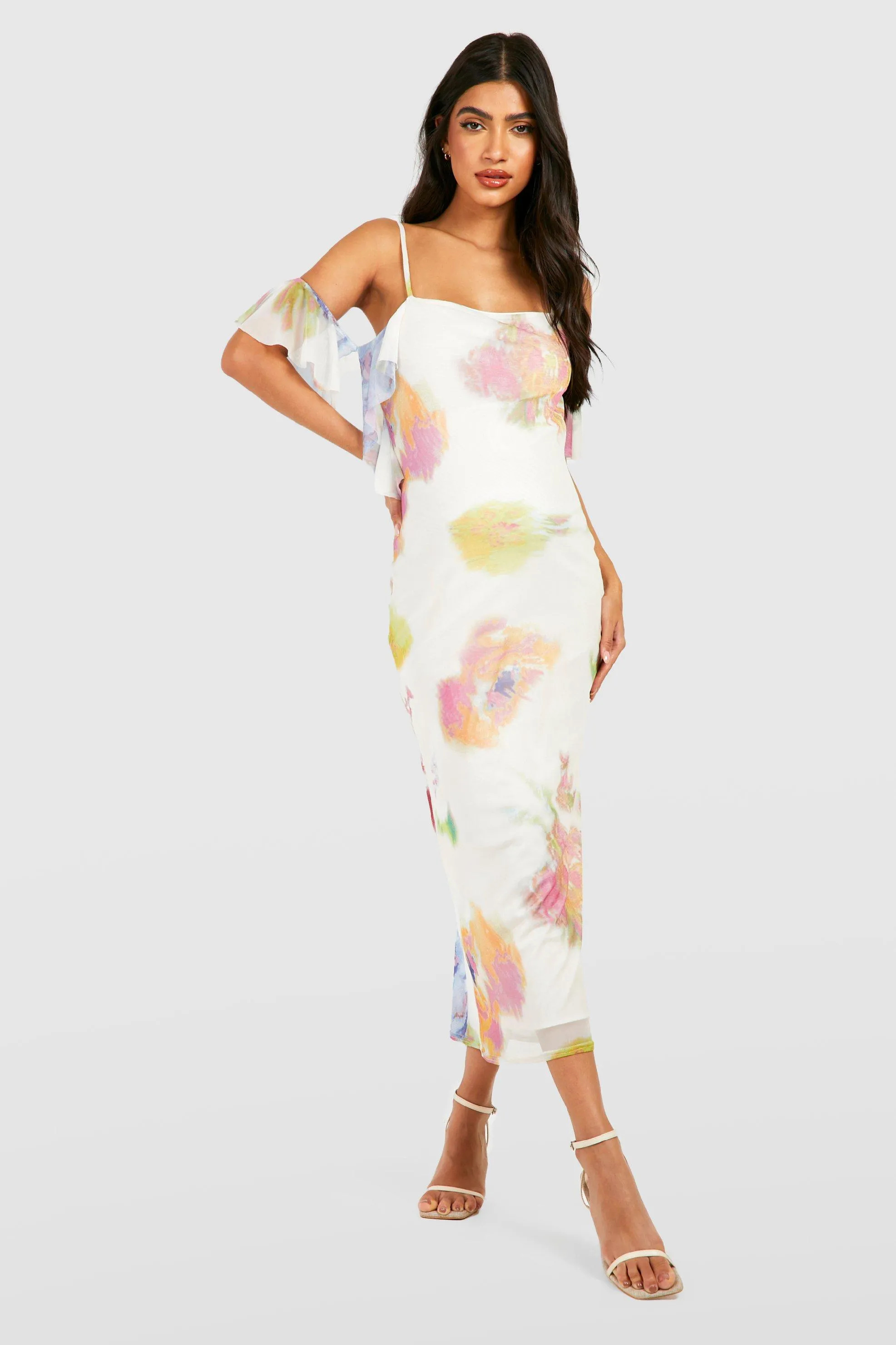 Maternity Floral Ruffle Mesh Midi Dress