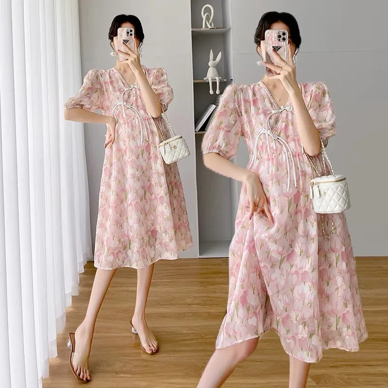 Maternity summer dress new summer fashion sweet floral V-neck belly-covering chiffon maternity dress long style