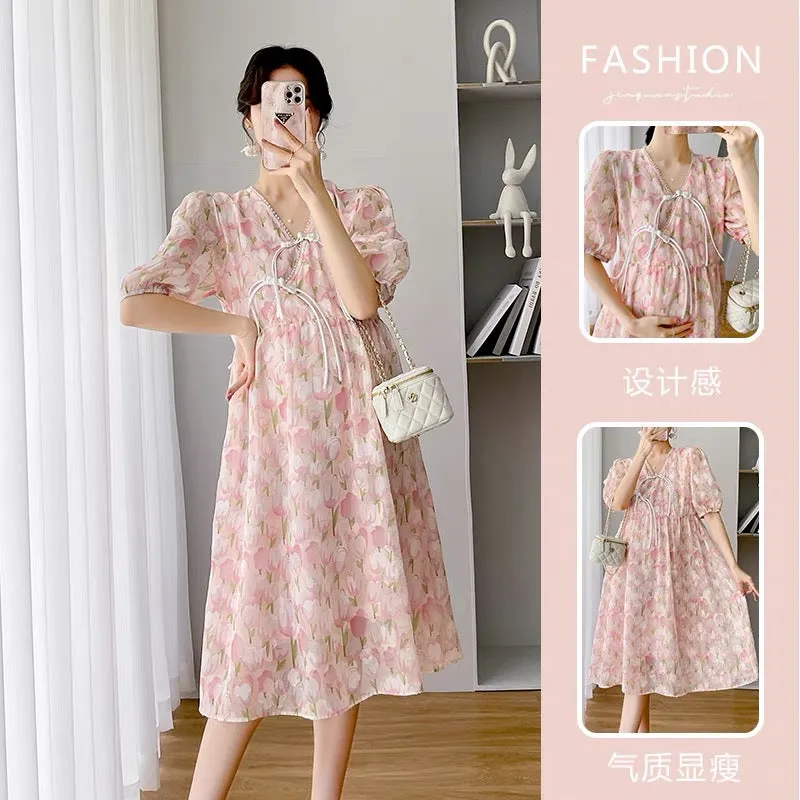 Maternity summer dress new summer fashion sweet floral V-neck belly-covering chiffon maternity dress long style