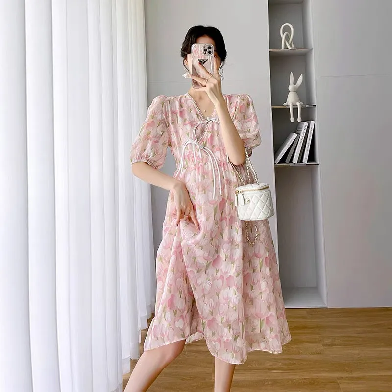 Maternity summer dress new summer fashion sweet floral V-neck belly-covering chiffon maternity dress long style