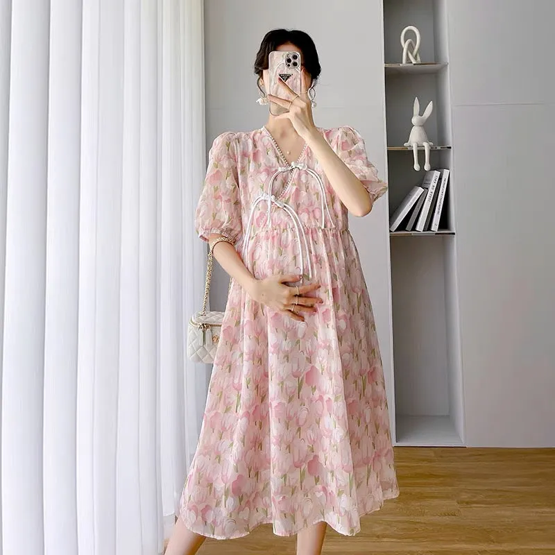 Maternity summer dress new summer fashion sweet floral V-neck belly-covering chiffon maternity dress long style