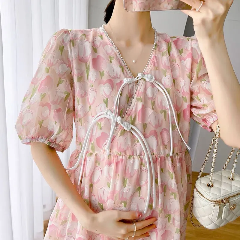 Maternity summer dress new summer fashion sweet floral V-neck belly-covering chiffon maternity dress long style