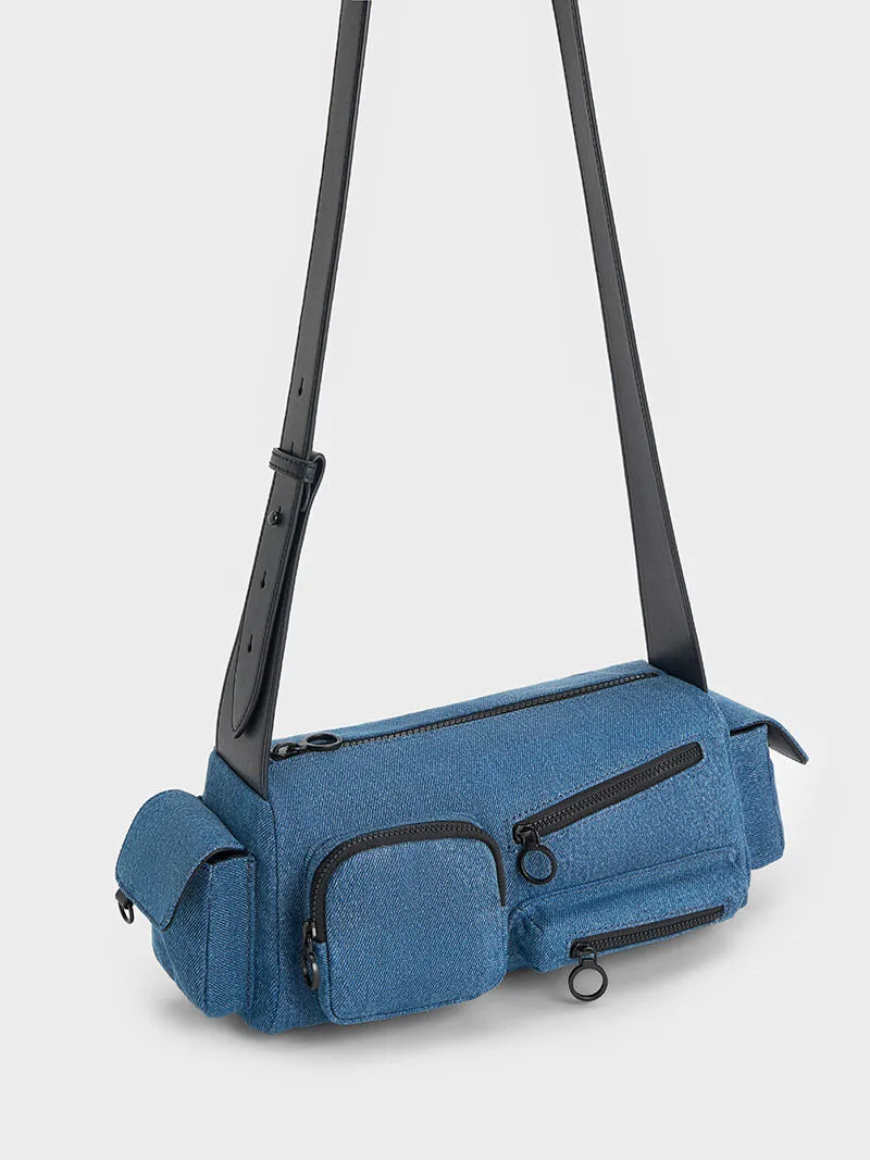 Mathilda Denim Multi-Pocket Shoulder Bag - Denim Blue