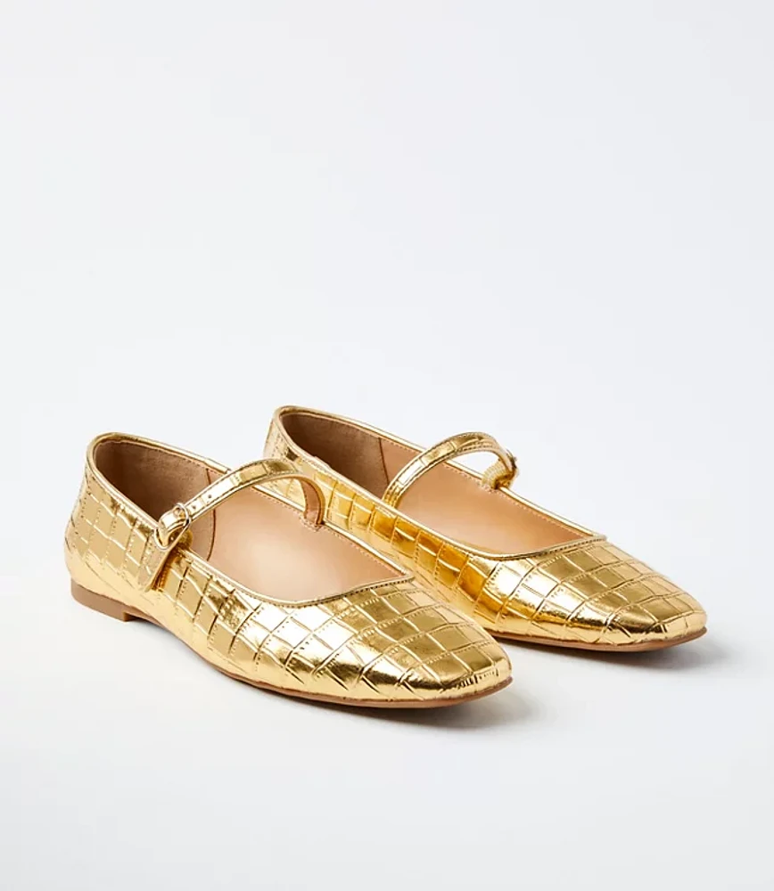 Metallic Embossed Buckle Strap Ballet Flats