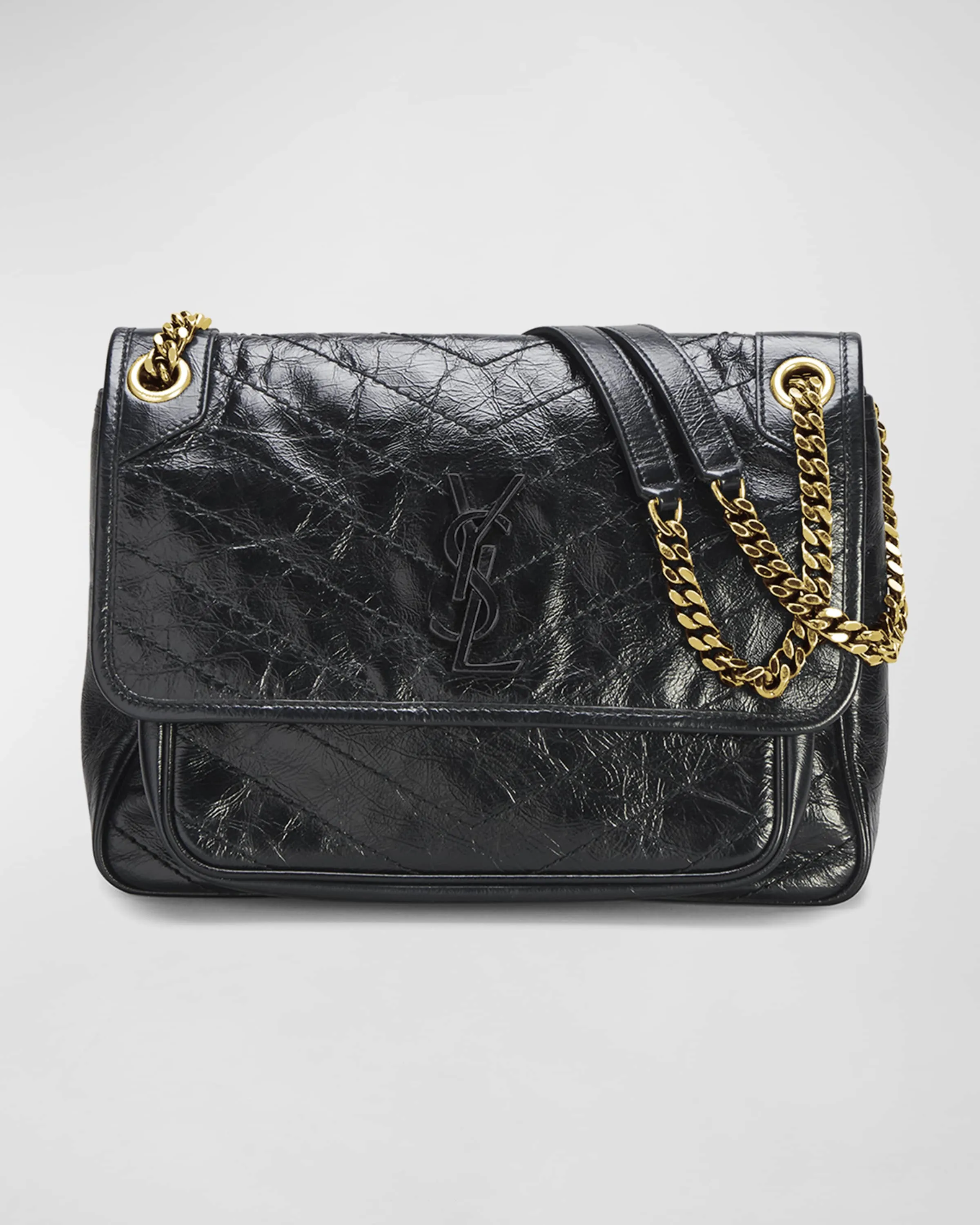 Niki Medium Flap YSL Shoulder Bag in Crinkled Leather