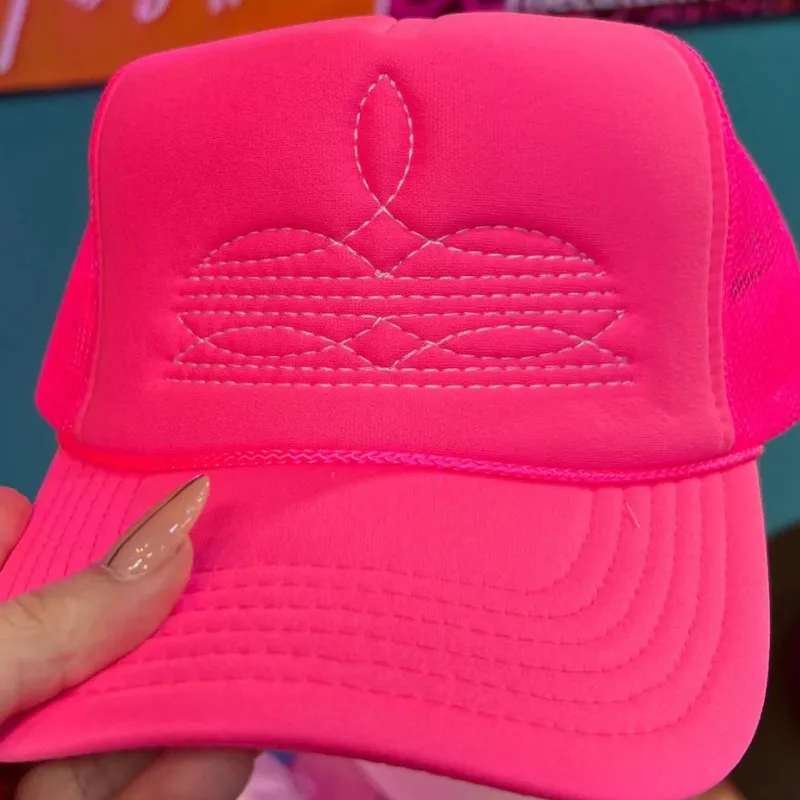 Online Exclusive | White Boot Stitch Foam Trucker Cap in Solid Neon Pink