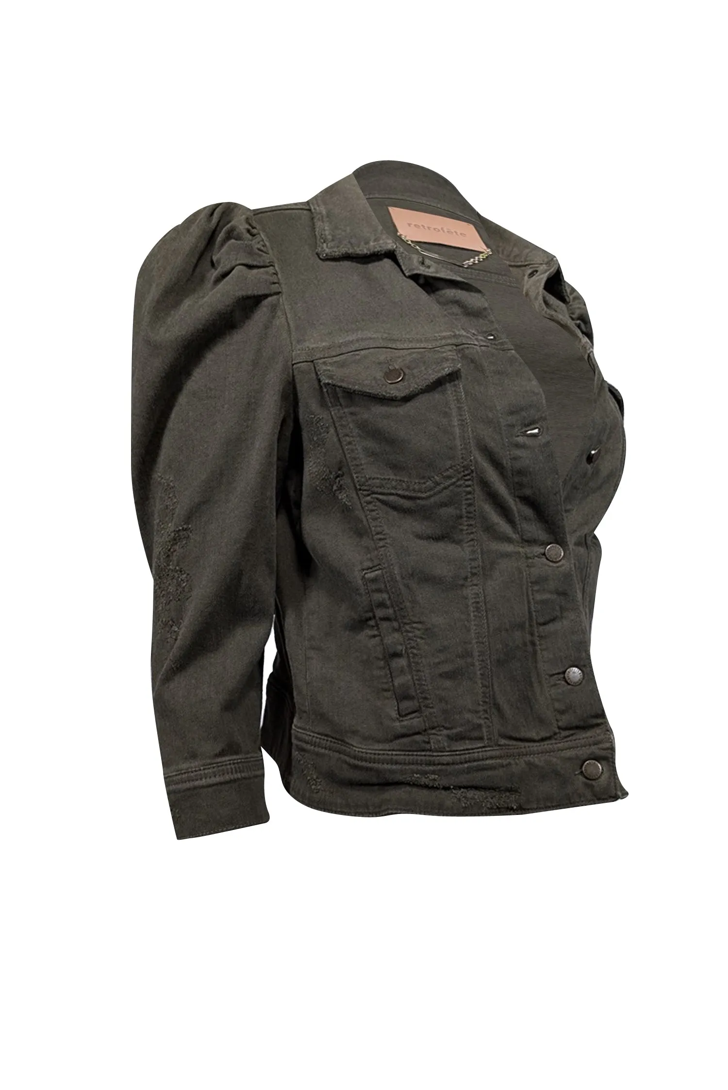 Retrofete - Army Green Puff Sleeve Denim Jacket Sz M