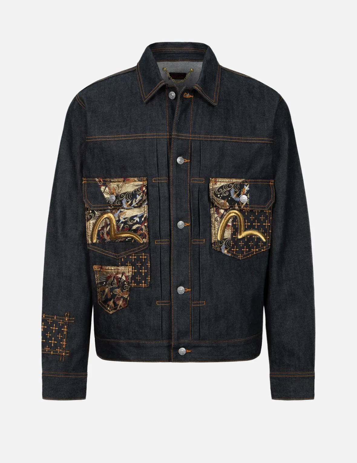 Seagull Embroidery and Brocade Pocket Relax Fit Denim Jacket