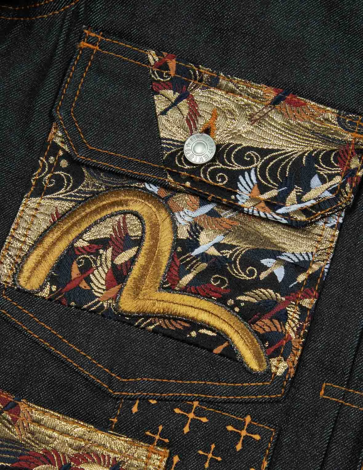 Seagull Embroidery and Brocade Pocket Relax Fit Denim Jacket