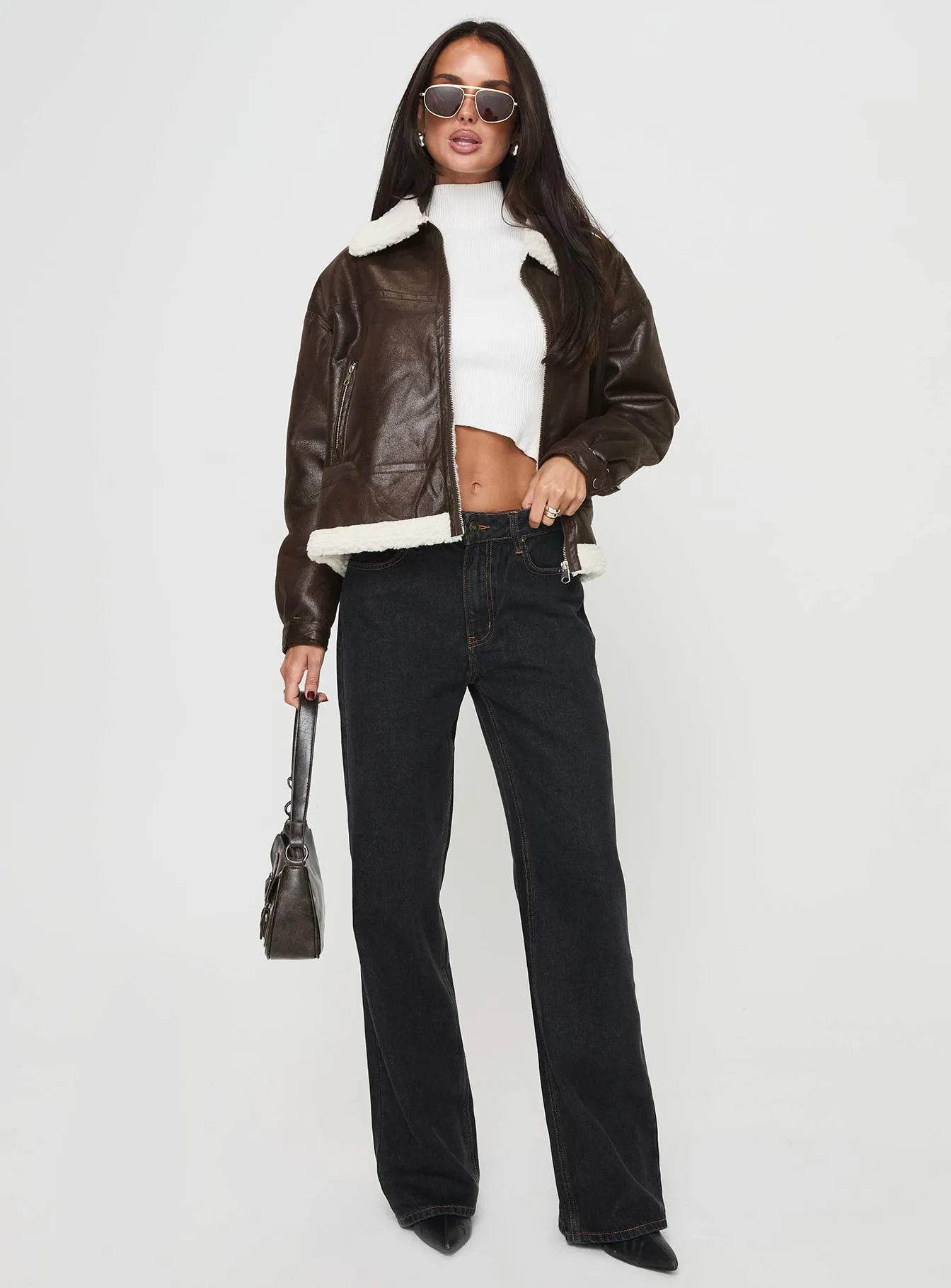 Solara Faux Leather Shearling Jacket Chocolate