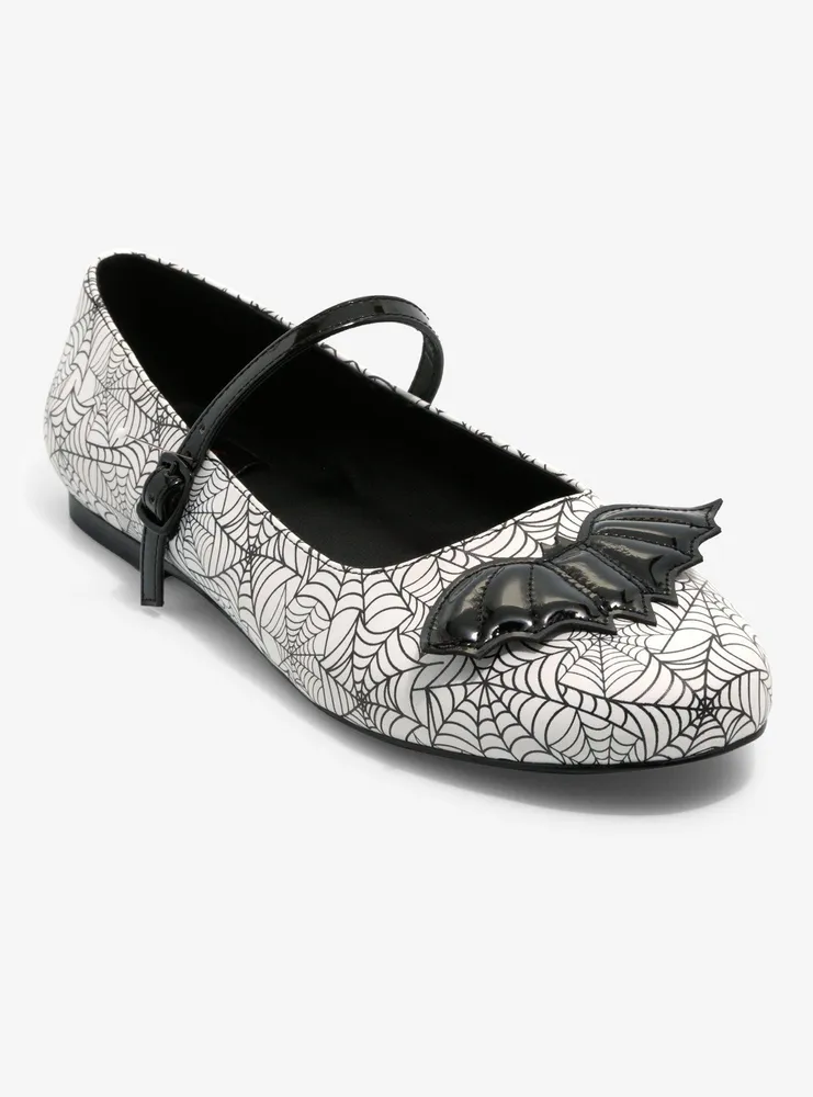 Strange Cvlt Black & White Spiderweb Mary Jane Flats