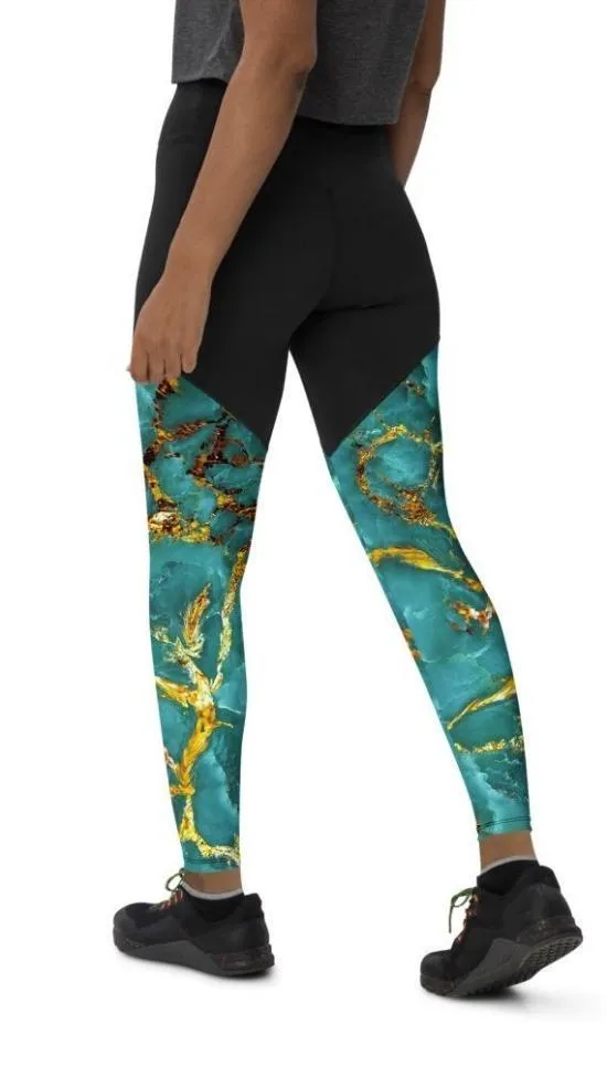 Turquoise & Gold Marble Compression Leggings