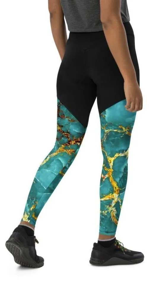 Turquoise & Gold Marble Compression Leggings