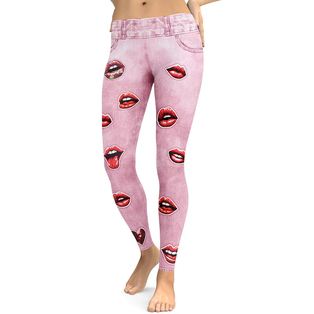 Valentine Lips Denim Print Leggings