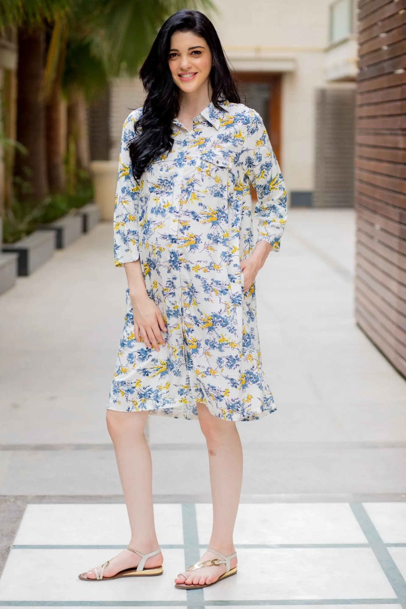 White Floral Maternity & Nursing Shirt Dress