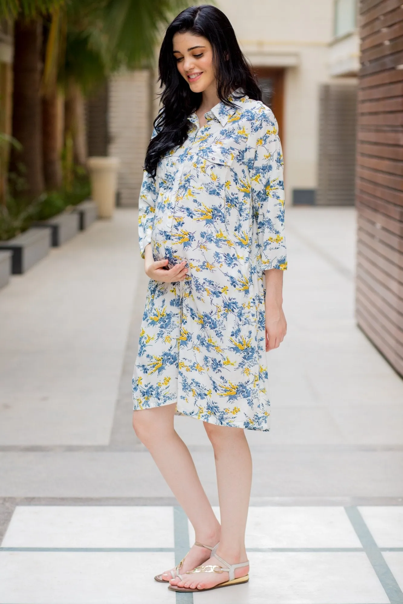 White Floral Maternity & Nursing Shirt Dress