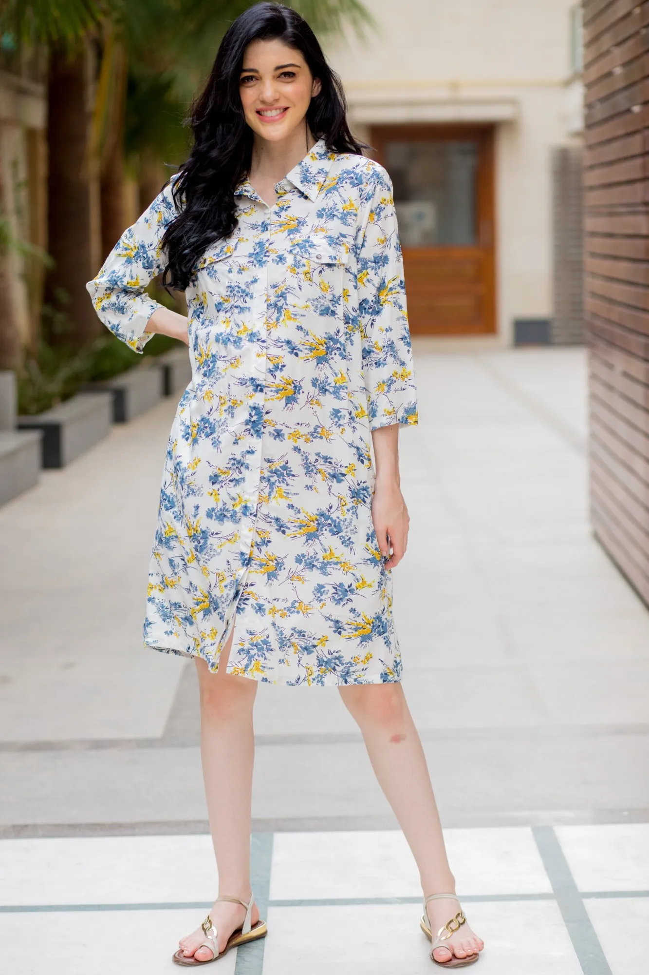 White Floral Maternity & Nursing Shirt Dress