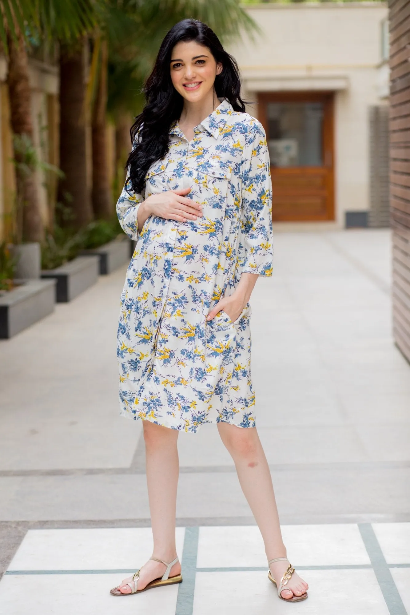 White Floral Maternity & Nursing Shirt Dress